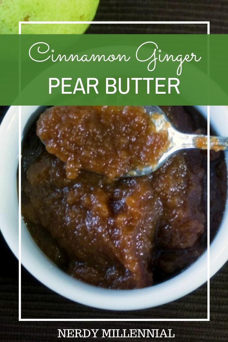  Cinnamon Ginger Pear Butter Recipe This recipe is great because it requires very little work in my opinion since all of the cooking is done in the crockpot. You'll need to check on it from time to time, but most of the work is done for you.