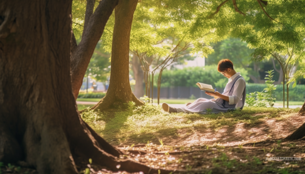 boy reading a book under a tree academic and intellectual wellness